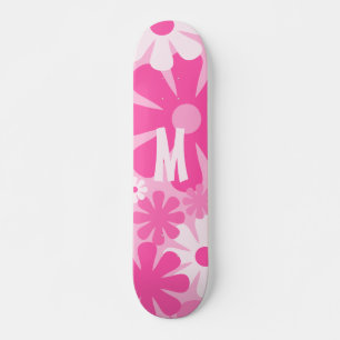 Retro Flowers Roze Patroon met Initiaal Persoonlijk Skateboard