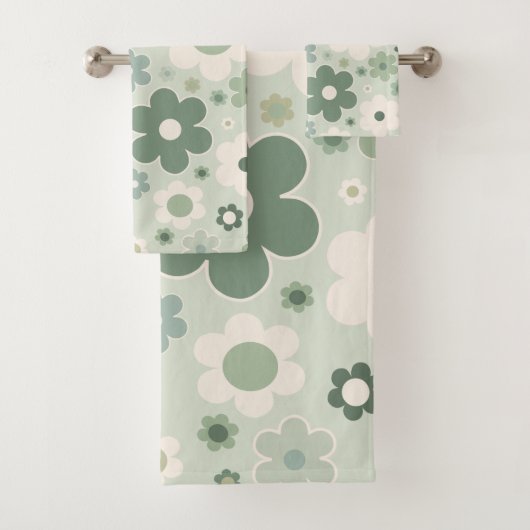 Retro Flowers Sage Green Abstract Floral Bad Handdoek (Insitu)