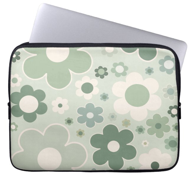 Retro Flowers Sage Green Abstract Floral Laptop Sleeve (Voorkant)