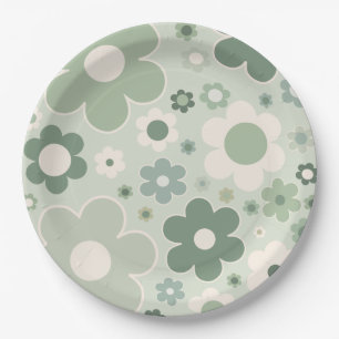 Retro Flowers Sage Green Abstract Floral Papieren Bordje