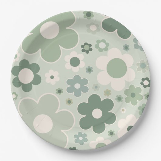 Retro Flowers Sage Green Abstract Floral Papieren Bordje (Voorkant)