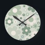 Retro Flowers Sage Green Abstract Floral Ronde Klok<br><div class="desc">Retrobloemen: bloemen - groen bloesem.</div>
