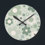Retro Flowers Sage Green Abstract Floral Ronde Klok<br><div class="desc">Retrobloemen: bloemen - groen bloesem.</div>