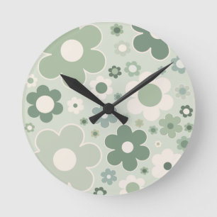Retro Flowers Sage Green Abstract Floral Ronde Klok