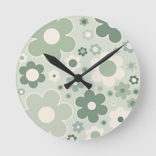Retro Flowers Sage Green Abstract Floral Ronde Klok (Voorkant)