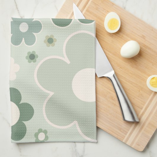 Retro Flowers Sage Green Abstract Floral Theedoek (Quarter Fold)