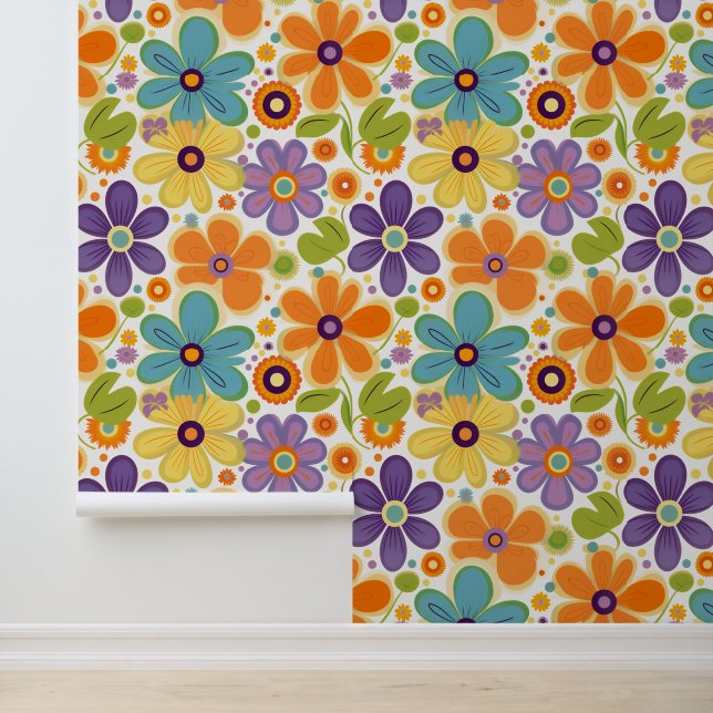 Retro Flowers Sinaasappel Lila en Groen Behang (Applicatie)