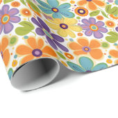 Retro Flowers Sinaasappel Lila en Groen Cadeaupapier (Rol Hoek)