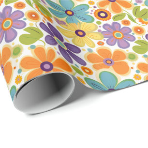 Retro Flowers Sinaasappel Lila en Groen Cadeaupapier