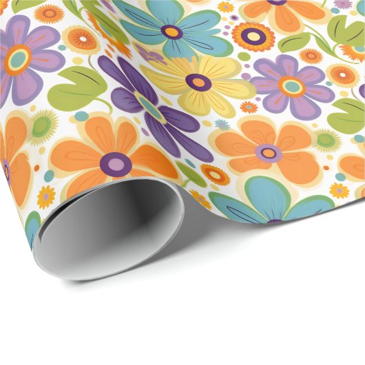 Retro Flowers Sinaasappel Lila en Groen Cadeaupapier (Rol Hoek)