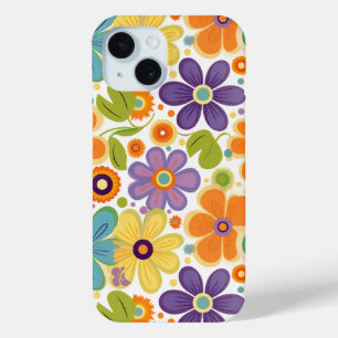 Retro Flowers Sinaasappel Lila en Groen iPhone 15 Case