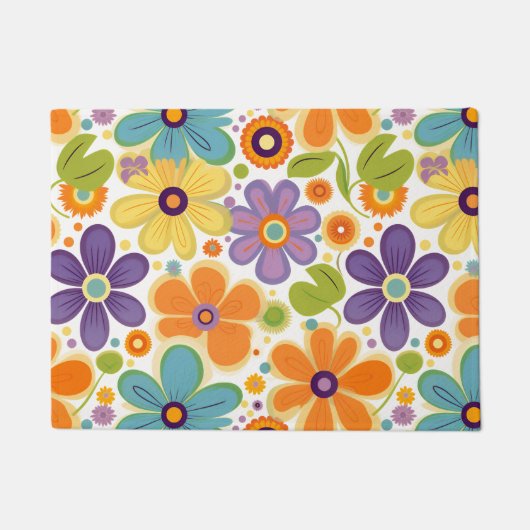 Retro Flowers Sinaasappel Lila en Groen Deurmat (Voorkant)