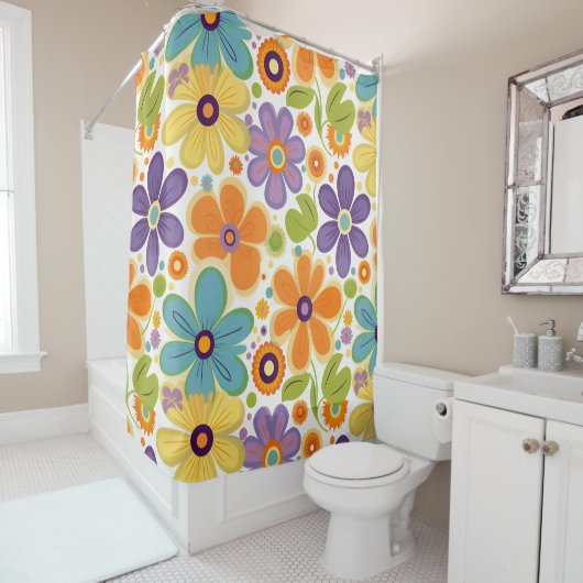 Retro Flowers Sinaasappel Lila en Groen Douchegordijn (In situ)