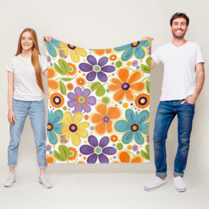 Retro Flowers Sinaasappel Lila en Groen Fleece Deken