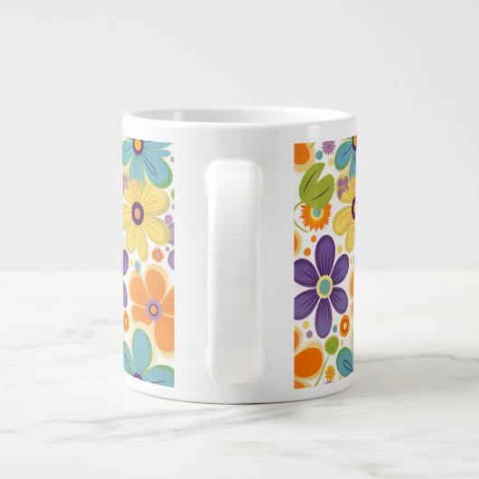 Retro Flowers Sinaasappel Lila en Groen Grote Koffiekop (Achterkant)