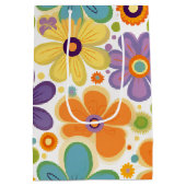 Retro Flowers Sinaasappel Lila en Groen Medium Cadeauzakje (Achterkant)