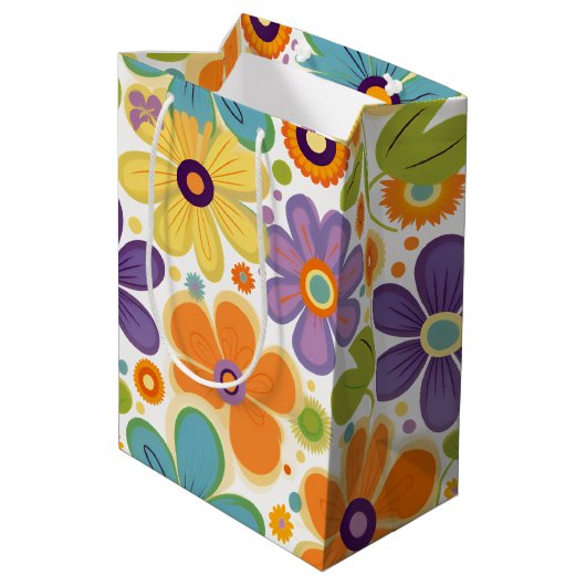 Retro Flowers Sinaasappel Lila en Groen Medium Cadeauzakje (Achterkant Gekanteld)