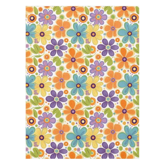 Retro Flowers Sinaasappel Lila en Groen Tafelkleed (Voorkant)