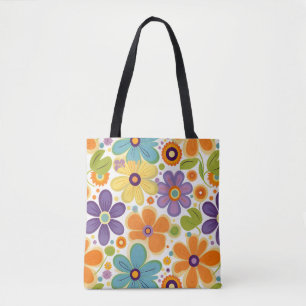 Retro Flowers Sinaasappel Lila en Groen Tote Bag