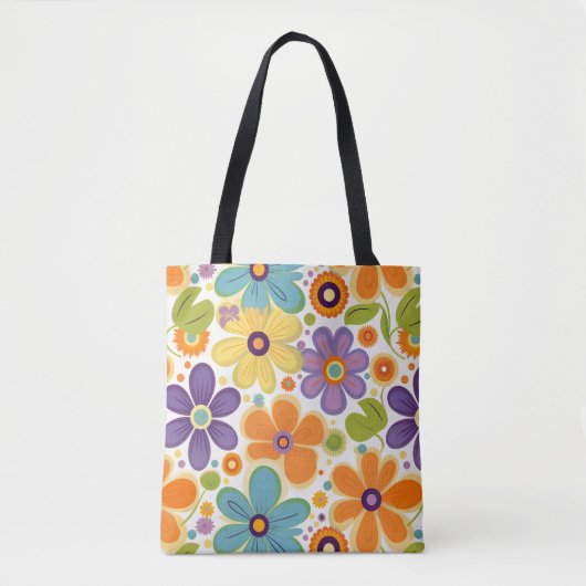 Retro Flowers Sinaasappel Lila en Groen Tote Bag (Voorkant)