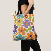 Retro Flowers Sinaasappel Lila en Groen Tote Bag (Dichtbij)