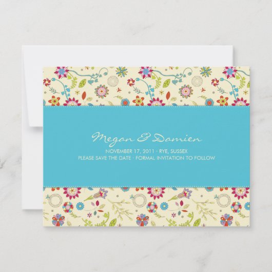 Retro Flowers ・ Turquoise ・ Save the Date Card (Voorkant)