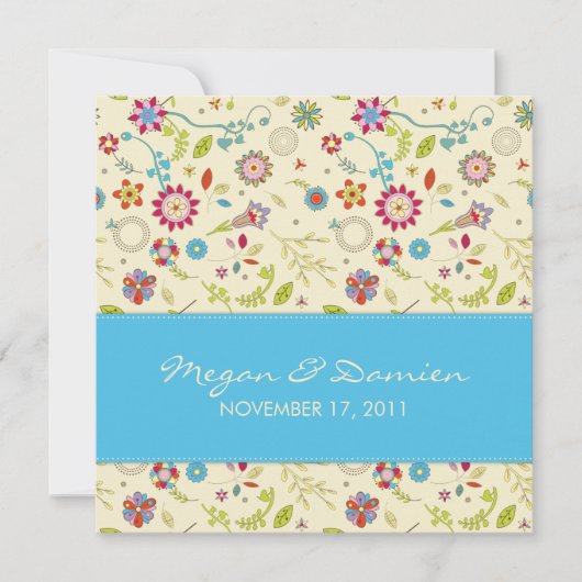 Retro Flowers ・ Turquoise ・ Wedding Invitation Kaart (Voorkant)