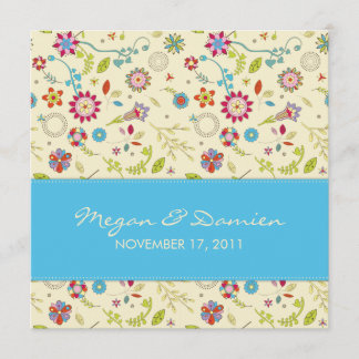Retro Flowers ・ Turquoise ・ Wedding Invitation Kaart