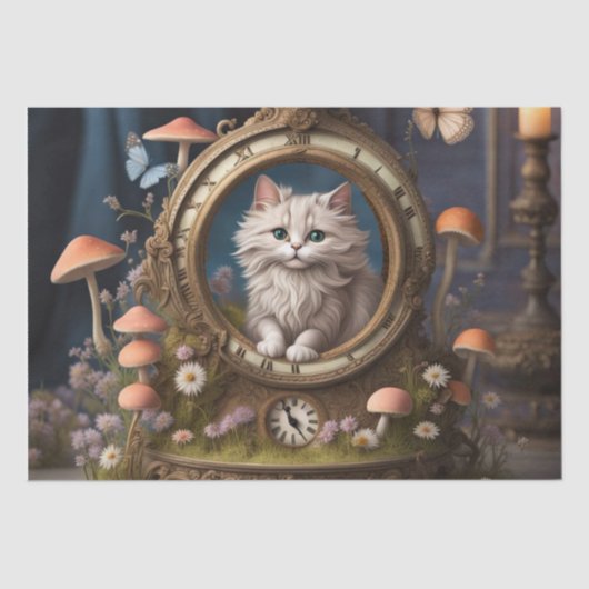 Retro Fluffy Cat, antiek klok Decoupage Tissuepapier (Voorkant)