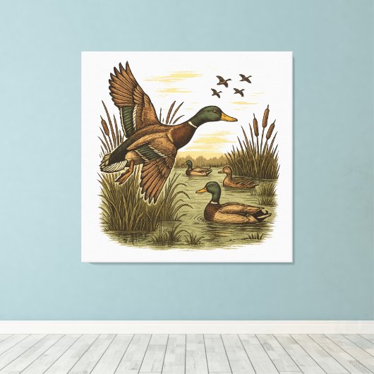 Retro Flying Mallard Duck Hunting Canvas Afdruk (Insitu (Houten vloer))