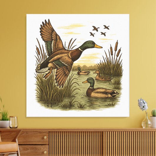 Retro Flying Mallard Duck Hunting Canvas Afdruk (Insitu (Woonkamer))