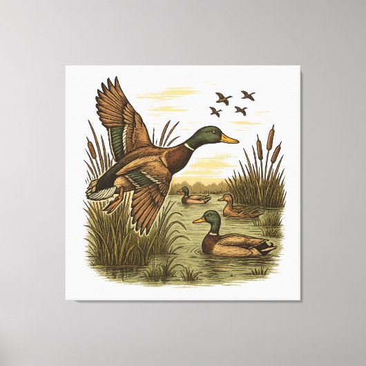 Retro Flying Mallard Duck Hunting Canvas Afdruk (Voorkant)