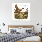 Retro-Flying-Mallard-Duck-Hunting Canvas Afdruk (Insitu (Slaapkamer))