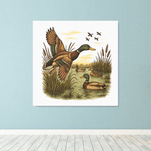 Retro-Flying-Mallard-Duck-Hunting Canvas Afdruk (Insitu (Houten vloer))