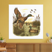 Retro-Flying-Mallard-Duck-Hunting Canvas Afdruk (Insitu (Woonkamer))