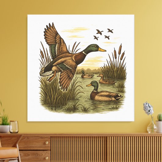 Retro-Flying-Mallard-Duck-Hunting Canvas Afdruk (Insitu (Woonkamer))