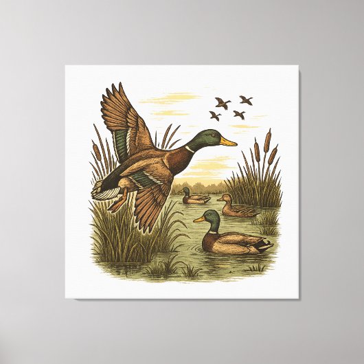 Retro-Flying-Mallard-Duck-Hunting Canvas Afdruk (Voorkant)