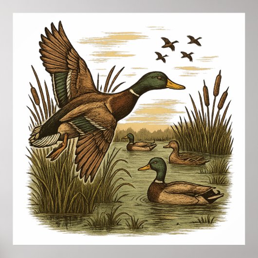 Retro-Flying-Mallard-Duck-Hunting, Poster (Voorkant)