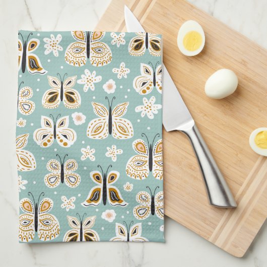 Retro Folk Art Butterflies Theedoek (Quarter Fold)