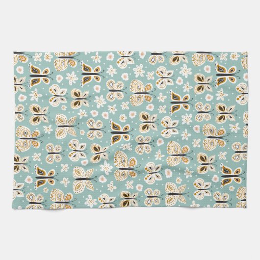 Retro Folk Art Butterflies Theedoek (Horizontaal)