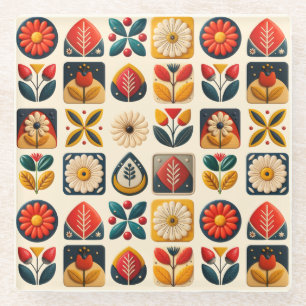 Retro Folk Art Floral Mozaïek Design Glazen Onderzetter