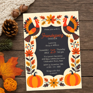Retro Folk Art Kalkoen Friendsgiving Potluck Kaart