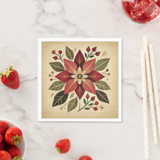 Retro Folk Art Poinsettia Feestelijke Bloemen Deco Servet