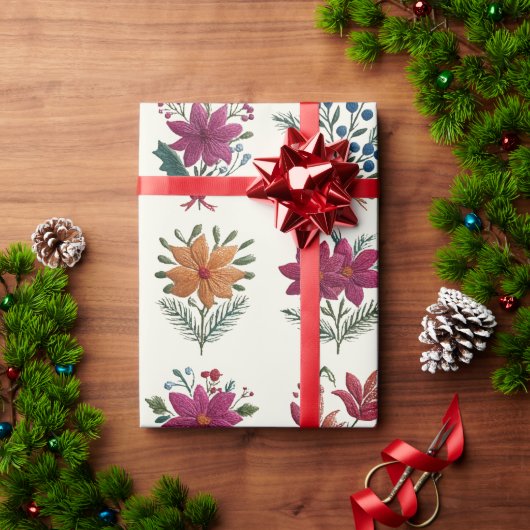 Retro Folk Bloem Kerstmis Cadeaupapier (Feestdagen Geschenken)
