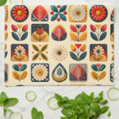 Retro Folk Bloemen met gepersonaliseerd monogram Theedoek (Gevouwen)