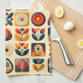 Retro Folk Bloemen met gepersonaliseerd monogram Theedoek