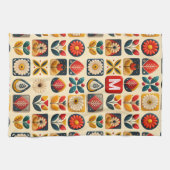 Retro Folk Bloemen met gepersonaliseerd monogram Theedoek (Horizontaal)