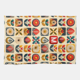 Retro Folk Bloemen met gepersonaliseerd monogram Theedoek