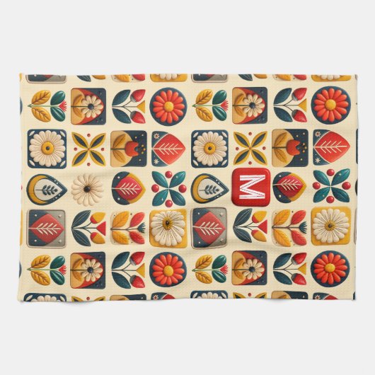 Retro Folk Bloemen met gepersonaliseerd monogram Theedoek (Horizontaal)