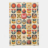 Retro Folk Bloemen met gepersonaliseerd monogram Theedoek (Verticaal)